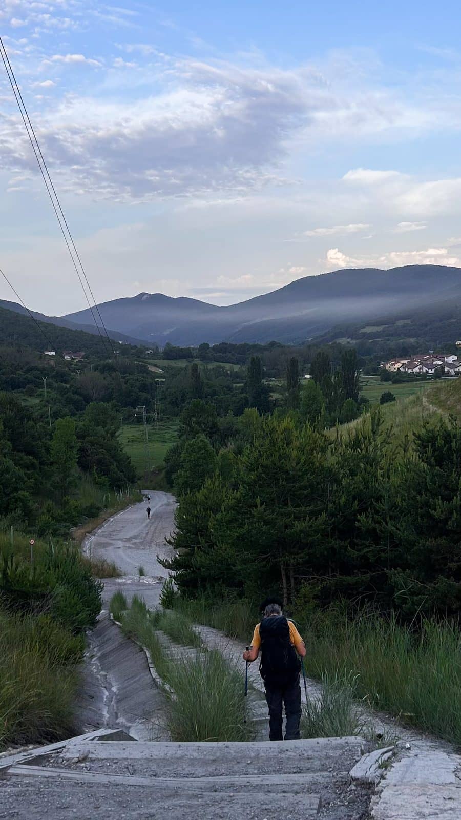 A lone pilgrim descending a stone path into a green Navarrese valley under morning cloud.