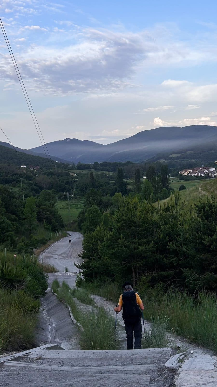 A lone pilgrim descending a stone path into a green Navarrese valley under morning cloud.