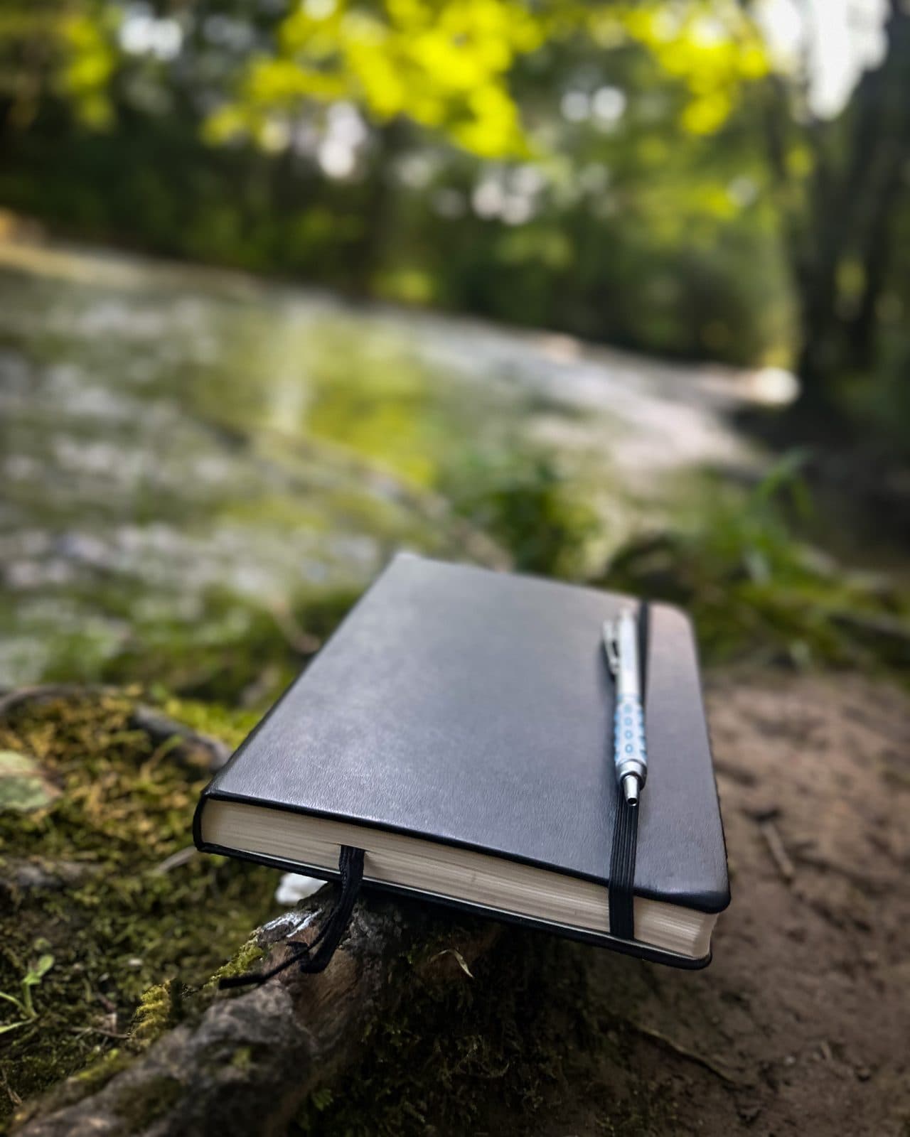 A pocket journal and pen resting on stone beside the trail.