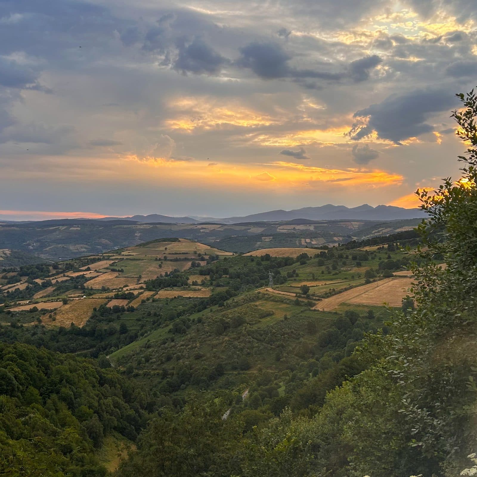 Evening light breaking over green folded hills in the western mountains.