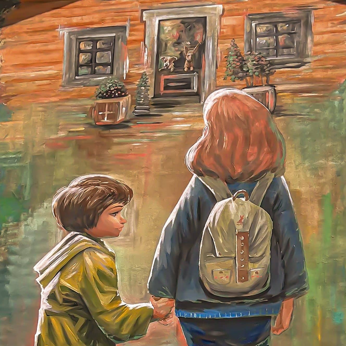 A painted mural of a child taking the hand of a pilgrim with a backpack.