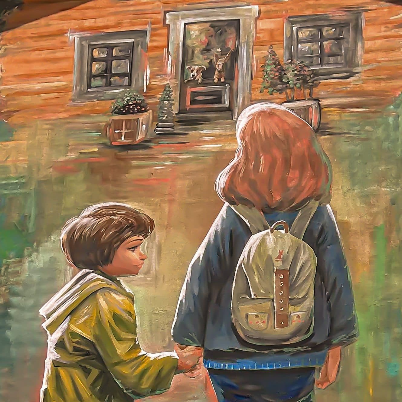 A painted mural of a child taking the hand of a pilgrim with a backpack.
