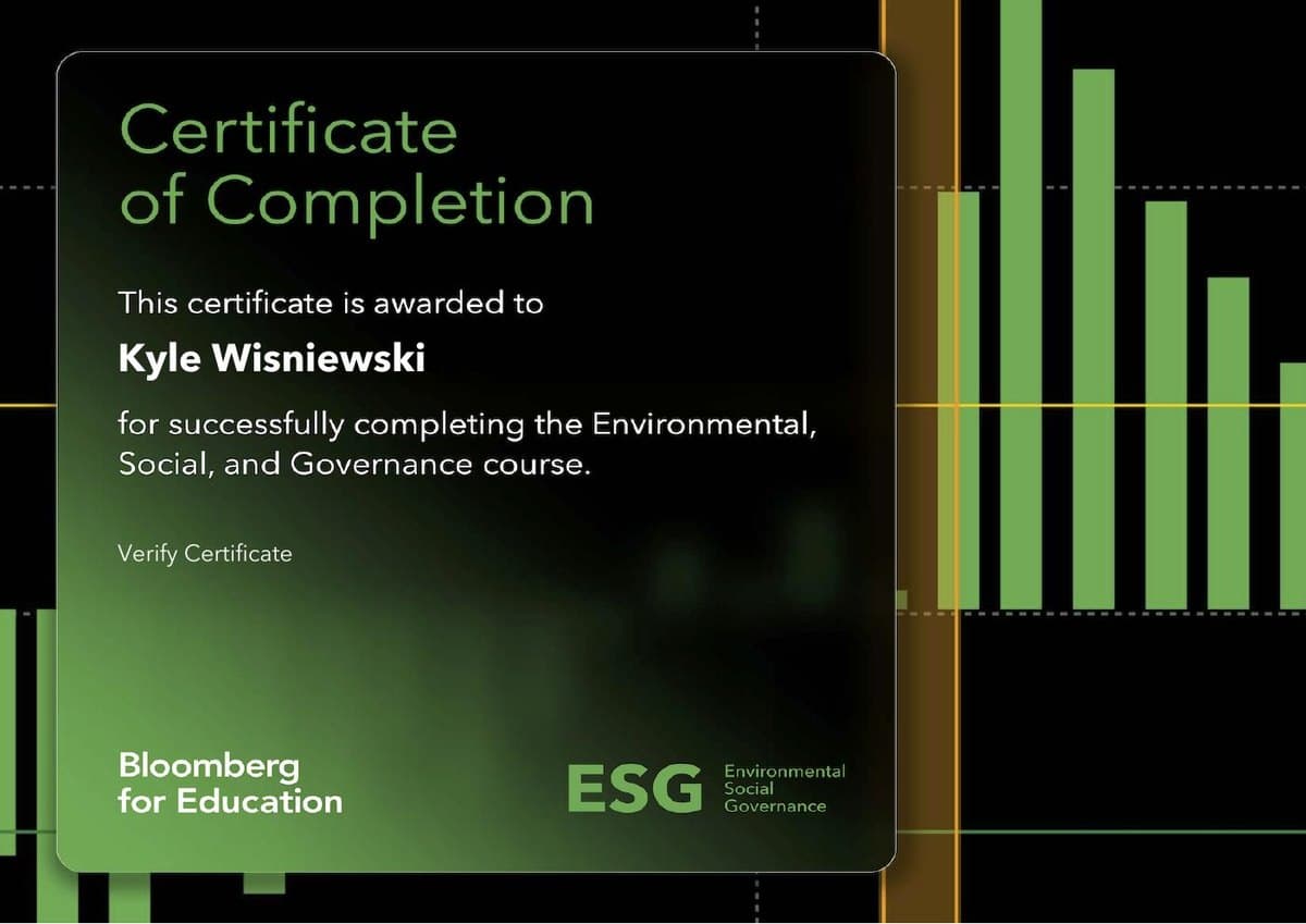 Kyle Wisniewski's Bloomberg ESG certificate from Bloomberg for Education