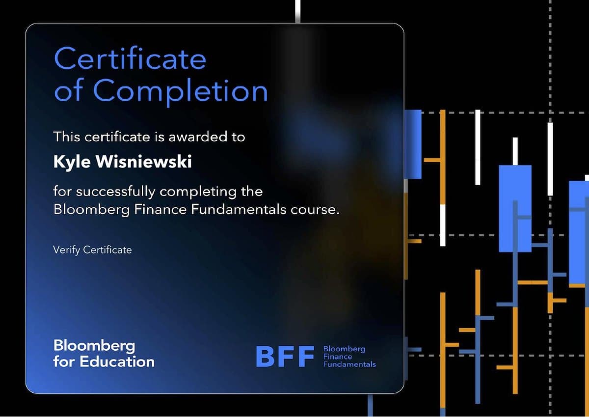 Kyle Wisniewski's Bloomberg Finance Fundamentals certificate from Bloomberg for Education