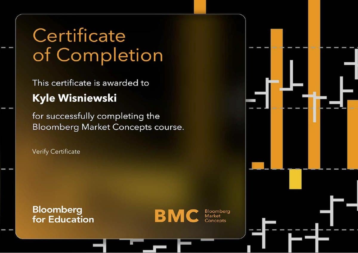 Certificate of Completion from Bloomberg for Education, awarded to Kyle Wisniewski for successfully completing the Bloomberg Market Concepts course